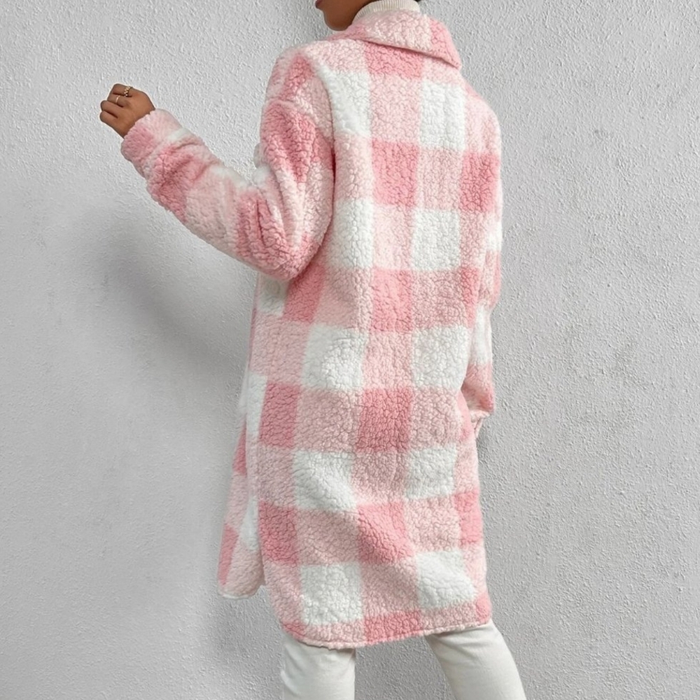 Pink Casual Womens Buffalo Plaid Pattern Flap Pocket Drop Shoulder Teddy Coat - Picture 2 of 4
